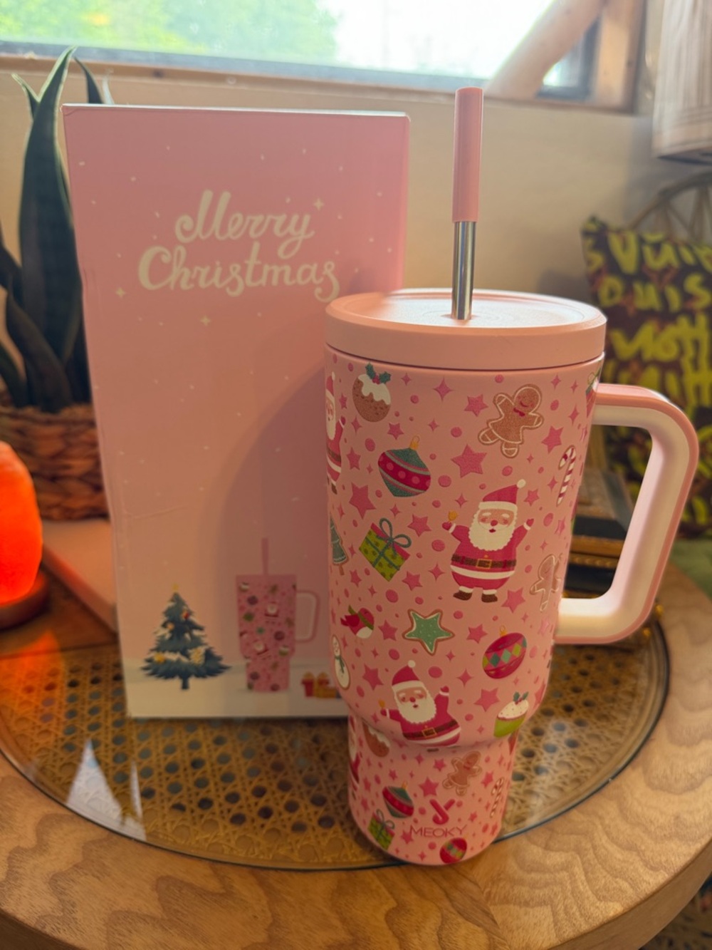 Festive Pink Christmas Travel Mug with Straw -